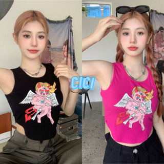 Cici(NO.1562)เสื้อกล้ามยืดไหมพรมผ้าร่อง กรีนลายการ์ตูนชายโค้งสไลต์Y2K