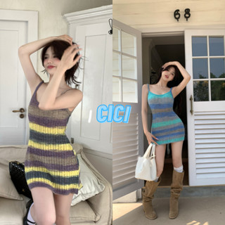 Cici(NO.F9107)มินิเดรสสายเดี่ยว ทอสีสลับลายทาง ผ้าไหมพรมเบาบางๆแอบซีทรูนิดๆสวย