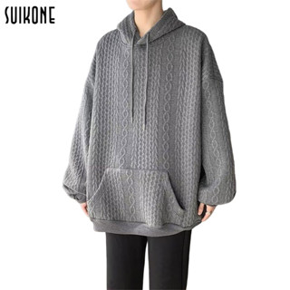 Suikone【ราคาเคลียร์】เสื้อฮู้ดผู้ชายอินเทรนด์แบรนด์แฟชั่นเสื้อกันหนาวสีทึบแขนยาวหลวมสบาย ๆ ด้านบน