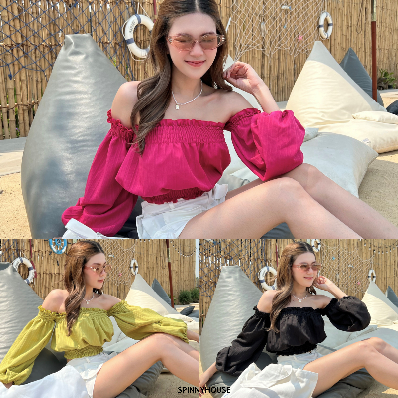 🌈SpinnyHouse🌈ครอปแขนยาว สม็อคปาดไหล่ ทรงลูกคุณมากค่า ผ้าลายน่ารัก ต้อนรับซัมเมอร์ แมตซ์ได้หลายลุค เส้นคู่แขนยาว