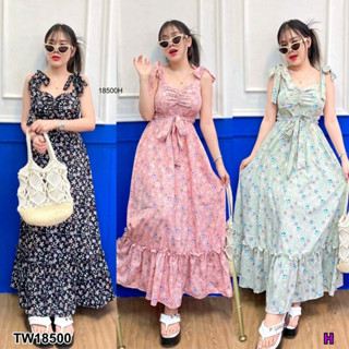 MM18500 Maxxi Dress สายผูกไหล่ 2 ข้าง ลายดอกไม้ มีสายผุกเอว Maxi Dress with 2 shoulder straps, floral pattern, waist str