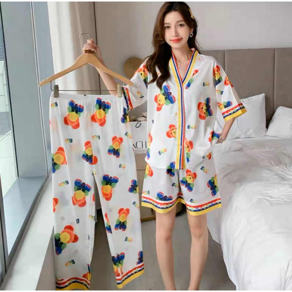 5555-00 ชุดนอนผ้าซาติน เซต3ชิ้น เสื้อ1กางเกง2 ผ้าซาตินสีสดใส่สบาย สินค้าพร้อมส่ง