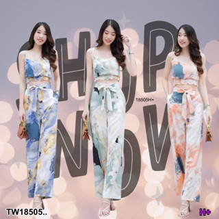 TW18505 Set 2ชิ้น เสื้อครอปสายเดี่ยวลายมาเบิ้ล