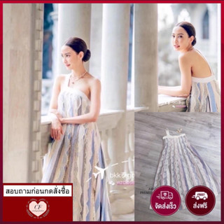 Code : M9 Abigail Dress เดรสยาว สายเดี่ยว เบี่ยงข้าง งานสวย ใช้ผ้าลายสลับสีจับจีบรอบอกเย็บต่อด้วยลูกไม้