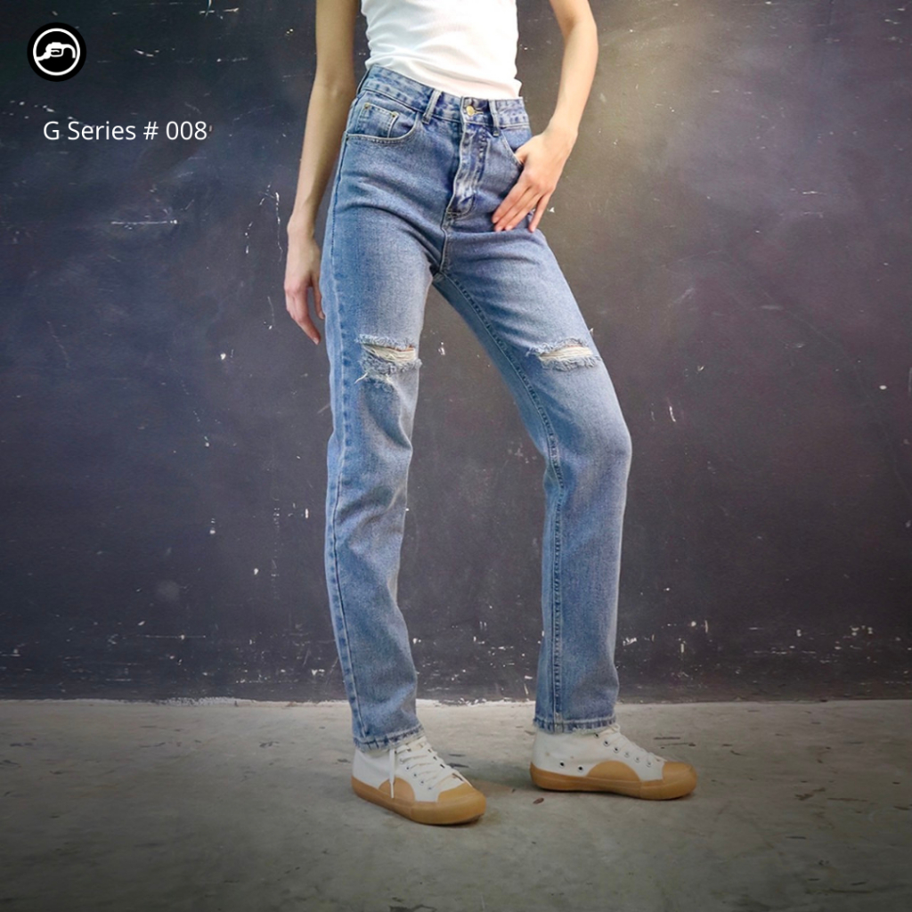 G008 (G) กางเกงยีนส์ผู้หญิง ทรงกระบอกเล็ก เอวสูง​ Lady Jeans Straight Cropped (Gasoline &amp; Garage) ปั๊มน้ำมันแก๊สโซลีน