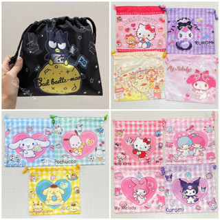 พร้อมส่ง ถุงผ้าหูรูดลายการ์ตูน ผ้าลื่น Kitty Melody Sanrio ลายGingham