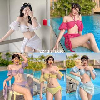 Teera☁️Amari set🏖Set3ชิ้น💥เกาะอก+บิกินี่+ผ้าโพกผม ผ้าอัดยับ มีฟองน้ำ กางเกงซับใน