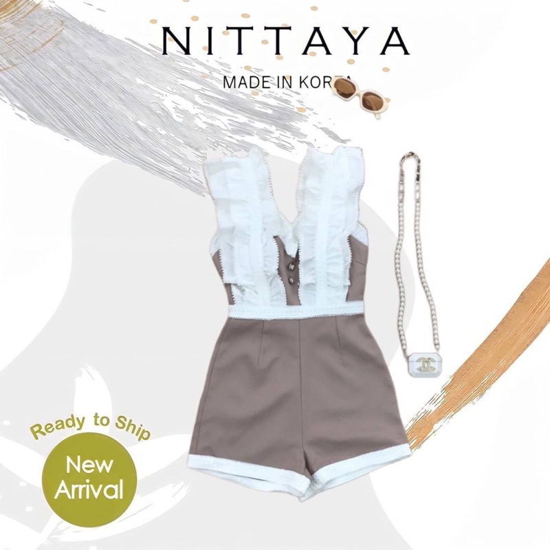 🔥พร้อมส่ง Size S🔥ป้าย Nittaya จั้มสั้น แขนระบาย ช่วงอกแต่งด้วยกระดุมหัวใจ