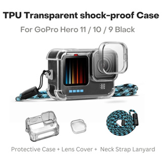 Anti-fall Case for GoPro Hero 11/10/ 9 Black Transparent TPU Shockproof Housing Cover + Lens Cap + Neck Strap Lanyard