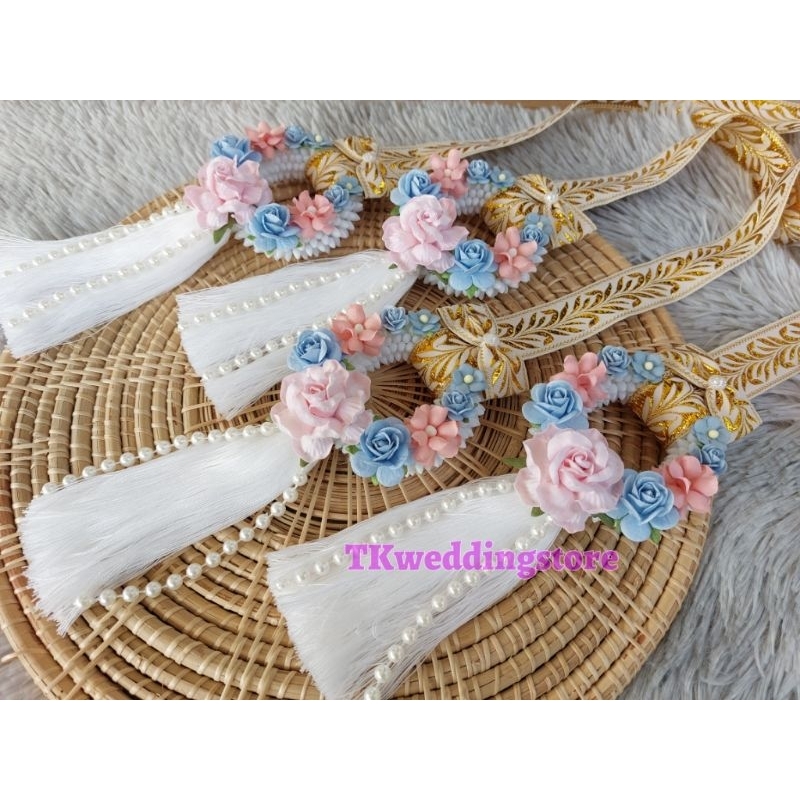 พวงมาลัยบ่าวสาว 1 คู่ พู่สีขาว ไข่มุก สายลายไทย