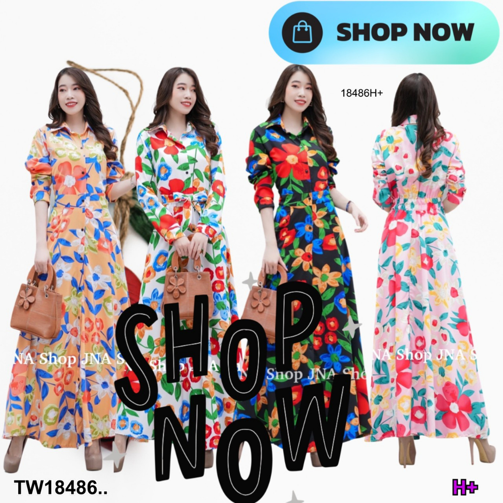 TwinsShopVip พร้อมส่ง TW18486 แม็กซี่เดรสเชิ้ตยาว พิมพ์ลายดอกไม้ สายผูกเอว ..