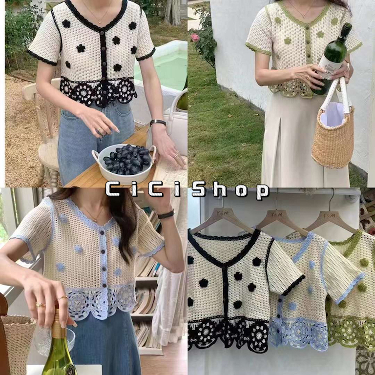 Cicishop(G886)เสื้อแขนสั้นไหมผ้าถักกระดุมหน้าปักลายดอกไม้ดีเทลสีตัดขอบจับแมทซ์ทุกลุค