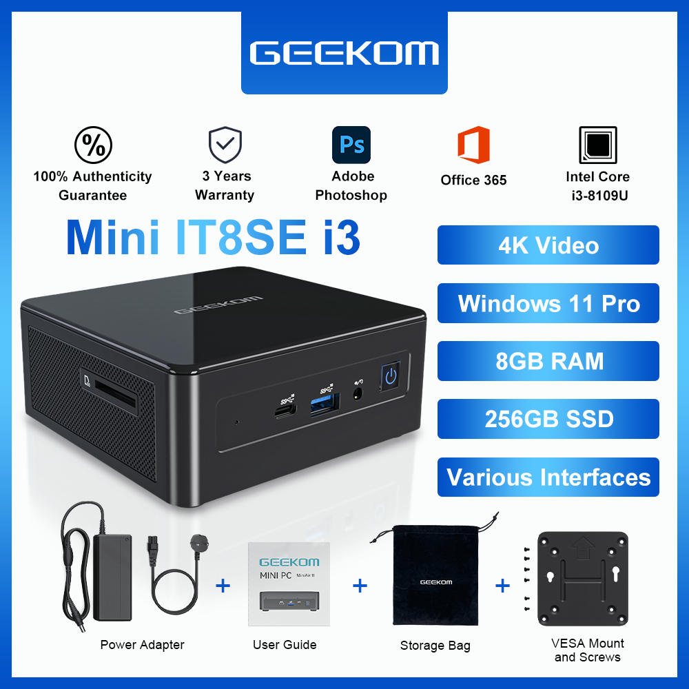 Geekom Mini Pc, Mini It8Se Mini Gaming Computer With I3-8109U (สูงสุด 3.6  Ghz), 8Gb Dual Ddr4 256G Ssd Windows 11 Pro Small Desktop Computer, รองรับ  4K Uhd, Dual Wifi, Bt, Hdmi สำหรับสำนักงาน/การศึกษา/ที่บ้าน |