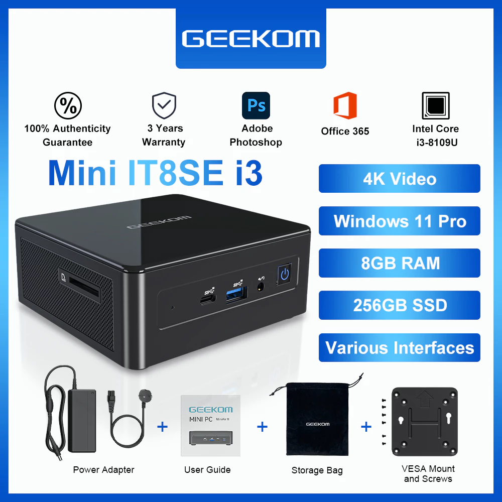 Geekom คอมพิวเตอร์เกมมิ่ง ขนาดเล็ก IT8SE พร้อม i3-8109U (สูงสุด 3.6 GHz) 8GB Dual DDR4 256G SSD Windows 11 Pro รองรับ 4K UHD Dual WiFi BT