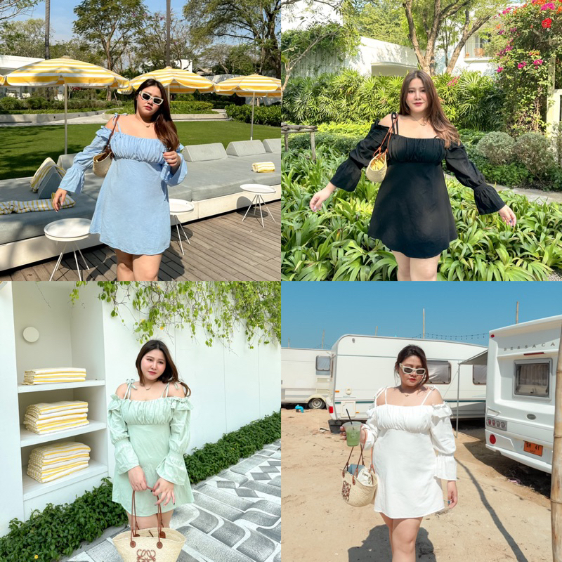 Sophia Dress เดรสสั้นปาดไหล่ ผูกเชือกที่ผ่า - MerryChubbyHouse