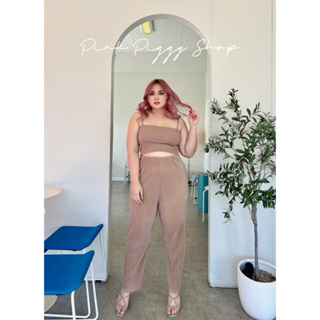 🔥Plussize🔥ชุดเซทเสื้อ+กางเกงคนอ้วน🔥สายเดี่ยว M 36-46  L  46-56       กางเกง Freesize 30-48