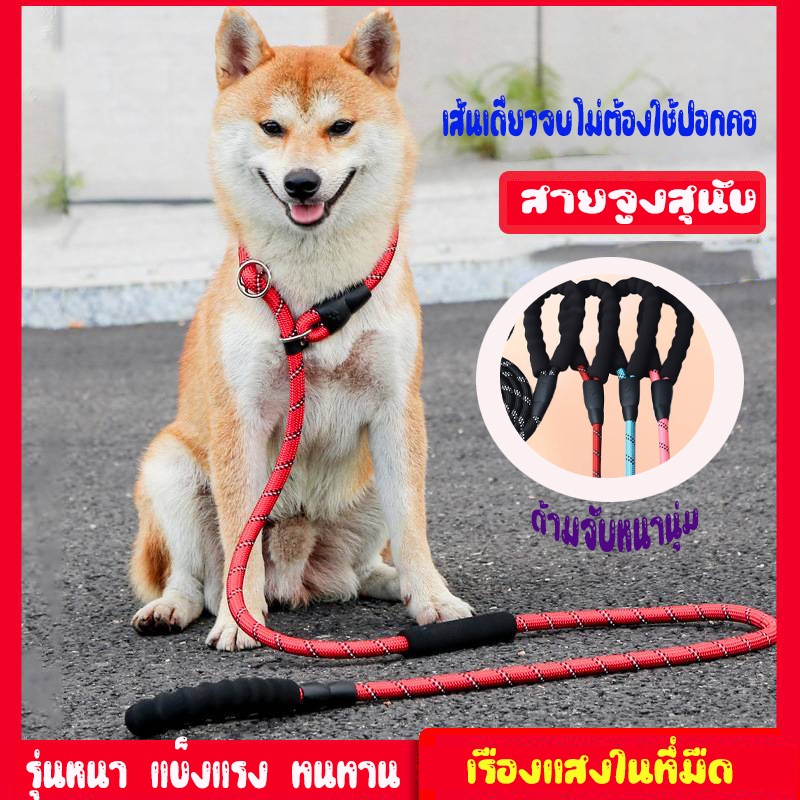 สายจูงหมา เหนียวหนา ด้ามจับนุ่ม มีเรืองแสง เส้นเดียวจบไม่ต้องใช้ปอกคอ
