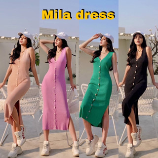 Mila dress เดรสยาว ดีเทลแขนกุด คอวี กระดุมหน้า เนื้อผ้าไหมพรมทอทรงเข้ารูป