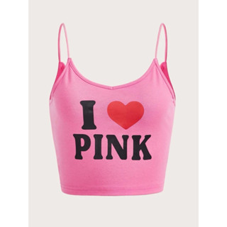 เสื้อสายเดี่ยว สีชมพู พิมพ์ลาย I love pink แฟชั่นy2k