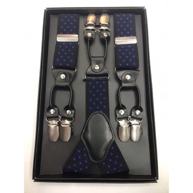 สายเอี้ยม suspenders แบบ6หัวทอลาย พื้นสีดำลายสีนำ้เงิน ลายของเราเราใช้วิธีทอลายเข้าไปที่ตัวสายเลยครับ เวลายืดลายจะไม่แตก