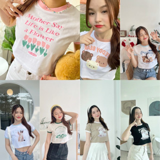 Two tone Crop เสื้อครอป เสื้อครอปหมาแมว ครอปแมว ทูโทนครอป แบรนด์ Lemon Peach 🍋🍑 อก -36 ยาว 15