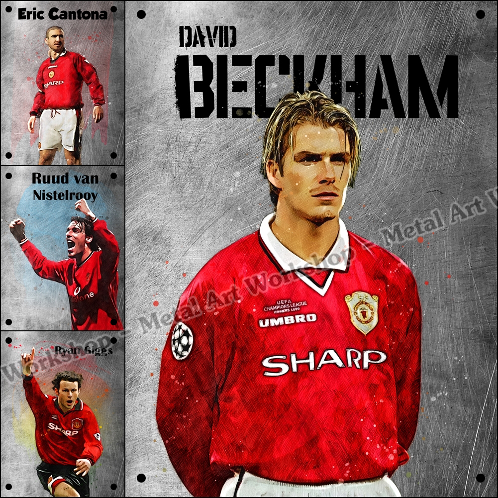 โปสเตอร์โลหะ Manchester United เซตตำนานและอดีตนักเตะแมนยู แผ่นหนา สกรีนลายเหล็กขูดขีด 15 x 20 cm.