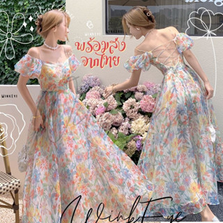 (Dress5-169)พร้อมส่ง Floral Dress เดรสผ้าชีฟองลายดอกไม้ สายเดี่ยว/แขนตุ๊กตา เปิดหลัง เดรสยาว เดรสออกงาน เที่ยว มีแขน