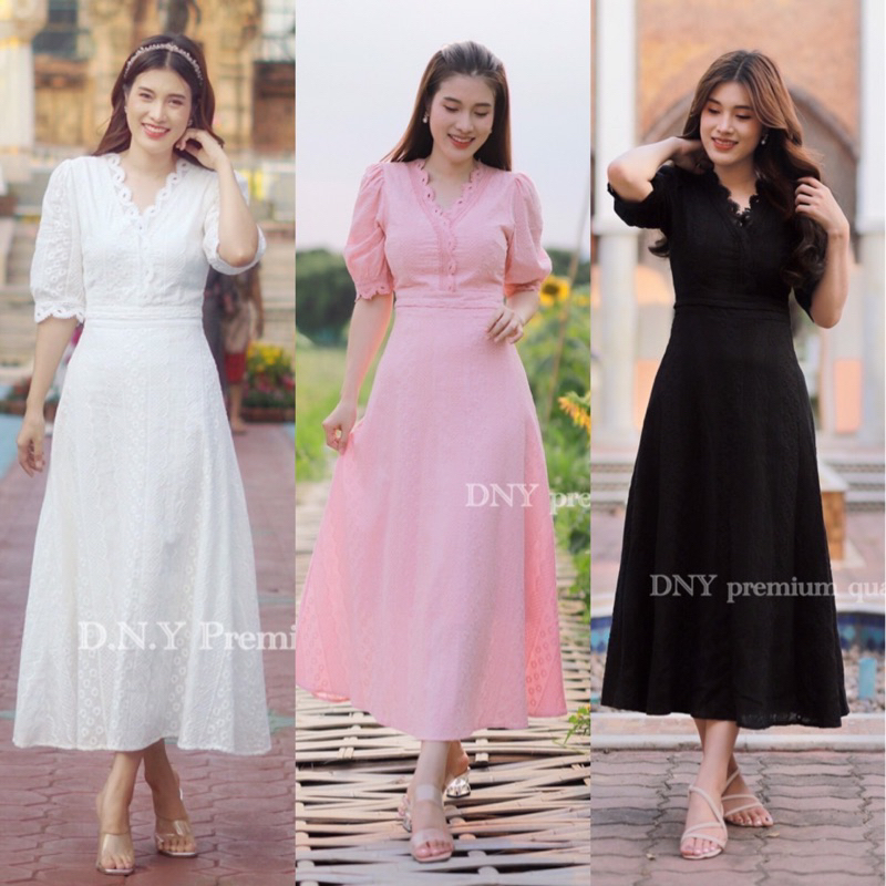 🧡พร้อมส่ง M🧡ป้าย DNY💕เดรสยาว เดรสฉลุคอวี แขนตุ๊กตา สีขาว ชมพู ดำ เจ้าหญิง