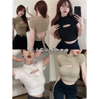 Cicishop(C1535)เสื้อแขนสั้นขนมิ้ง เว้าหน้าหว้าหลังผูกโบว์ ผ้านุ่มนิ่มใส่สบาย สวยปังมากก