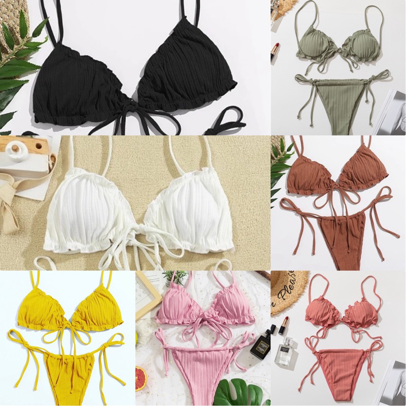 (พร้อมส่งที่ไทย) ทูพีชฟรีไซส์ บราผูกโบว์กางเกงผูกข้าง มี 5 สี ขาว ดำ ชมพูกะปิ ส้มอิฐ เหลือง