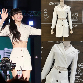 เซท 2 ชิ้น เสื้อครอปเชิ้ตสั้นคอปกป้ายหน้าแขนยาวแต่งสายผูกเอว มาพร้อมกระโปรงสั้น