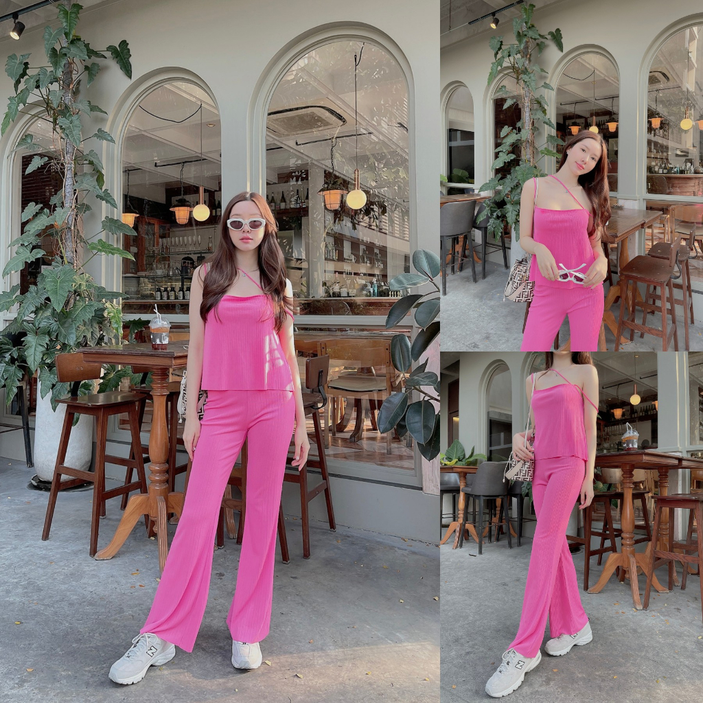 SLYQ JULIE MINI RIBBED SINGLET & PANTS SET ชุดเซ็ทเสื้อสายเดี่ยวและกางเกงขายาว ชมพู/ฟ้า/เขียวเข้ม