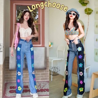 8065 Flower jeans กางเกงยีนส์ ขายาว แต่งดีเทล ปักลายดอกไม้ งานตามหา ป้าย back up สไตล์ y2k