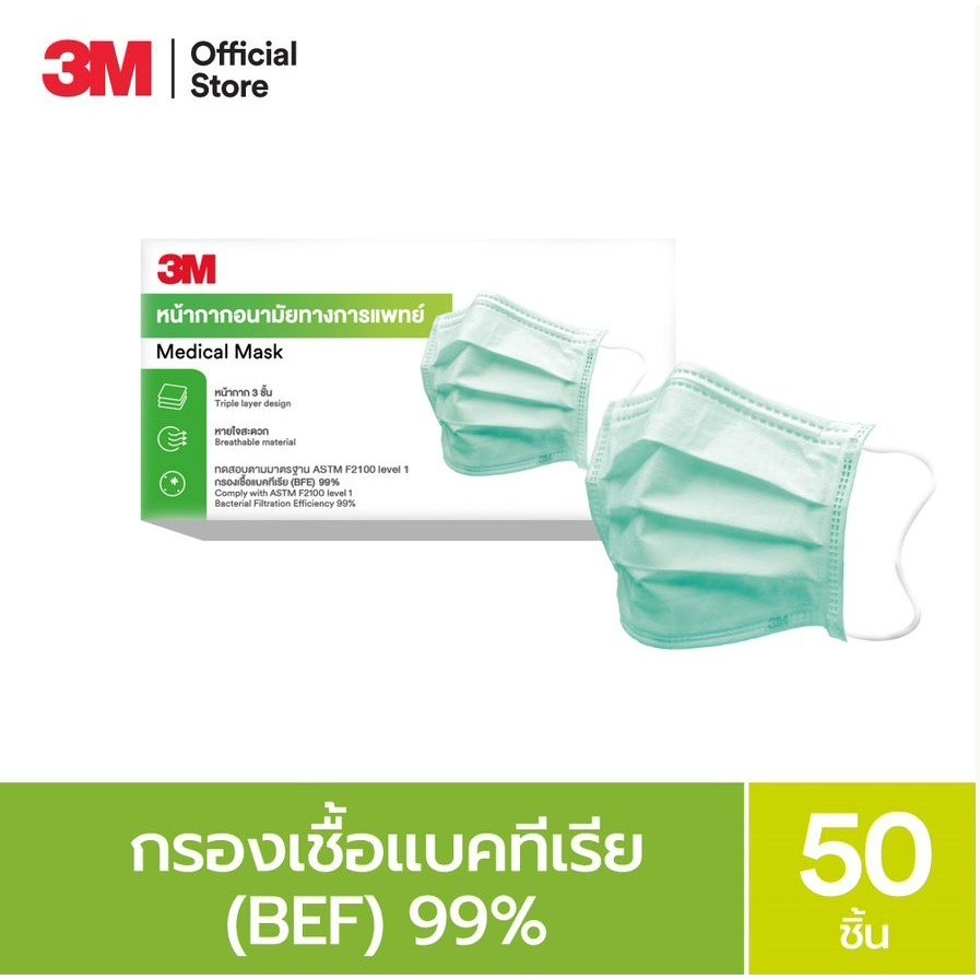 📌โค้ดลด50%📌 3M หน้ากากอนามัยทางการแพทย์ 50 ชิ้น/กล่อง 3M Medical Earloop Mask 50 pcs/box Nexcare