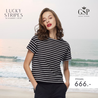 GSP เสื้อยืด เสื้อยืดผู้หญิง Blouse แขนสั้นลายริ้วสีดำขาว Lucky Stripes (P9XMBL)