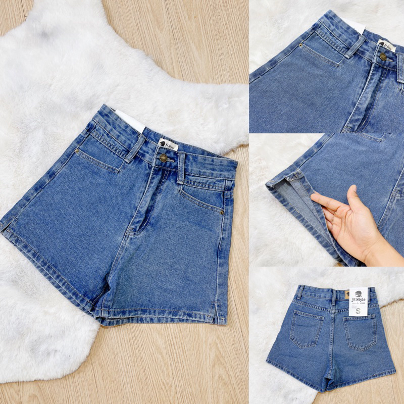 Looktrend888 กางเกงขาสั้น เอวสูง ขาไม่สั้นมาก งานนำเข้า ป้าย JB Style  ดีเทลผ่าปลายขา ผ้าไม่ยืด ยาว 