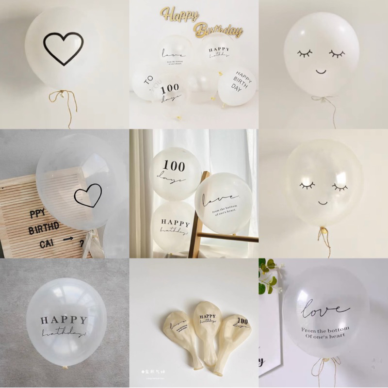 Balloons 10 บาท ☁️ ลูกโป่งยางสีขาว ลูกโป่งยางใส วันเกิด สกรีนลายมินิมอลขนาด 10-12นิ้ว(1คู่) Home & Living