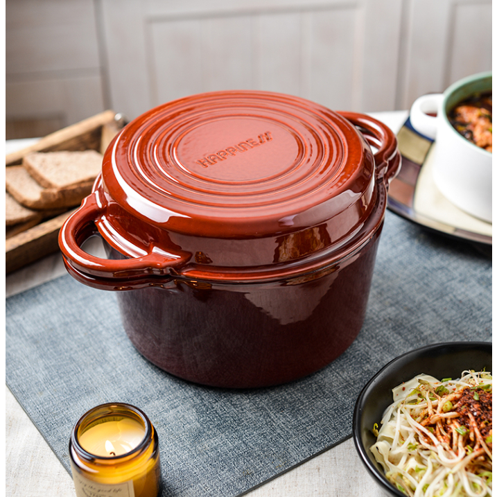 Small Happiness Dual-purpose Cast Iron Enamel Pot Stewed Pot Household Multifunctional Soup Pot Stewed, Boiled, Fried