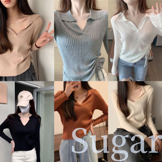 Sugar 🌈พร้อมส่ง 🌈 เสื้อไหมพรม แขนยาว คอปก รูดข้าง ผ้าหนาใส่สบาย (8899-2)