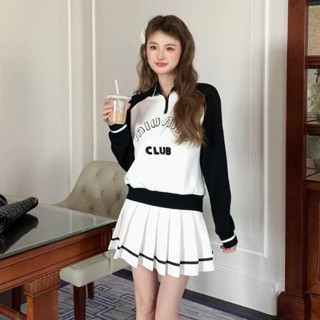 MIU MIU CLUB SET ชนช็อป ชุดเซท เสื้อแขนยาว สเวตเตอร์ ปกโปโล + กระดปรง มินิสเกิร์ต จีบจับ มิวมิว