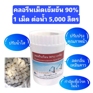 คลอรีนก้อนจิ๋ว คลอรีนเม็ด คลอรีนอัดเม็ดเข้มข้น 90% ขนาดก้อน 15g.​  บรรจุในกระปุกใช้ร่วมกับทุ่นลอยขนาด5นิ้ว