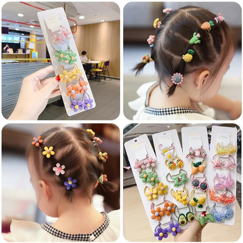 ยางรัดผมเกาหลี [1 ชุด 10 ชิ้น ] ยางมัดผมเด็กลายการ์ตูน ลายดอกไม้ ลายผลไม้ (พร้อมส่ง)