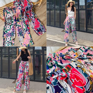 Summer pants กางเกงผ้าสปัน พิมพ์ลายกราฟฟิก กางเกงเอวยืด กางเกงใส่ไปทะเล