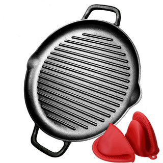 Cast Iron Grill Pan 12.6 นิ้ว Pre-Seasoned Cast Iron Griddle Pan Dual Hands Cast Iron Skilllets สำหรับบาร์บีคิว Round Ca