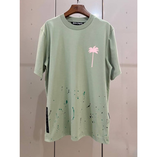 PALM ANGELS PALM TREE PAINTED SPLATTER LOGO PRINT T-SHIRT PASTEL GREEN เสื้อยืดคอกลม แขนสั้น แบรนด์ปาล์มแองเจิล