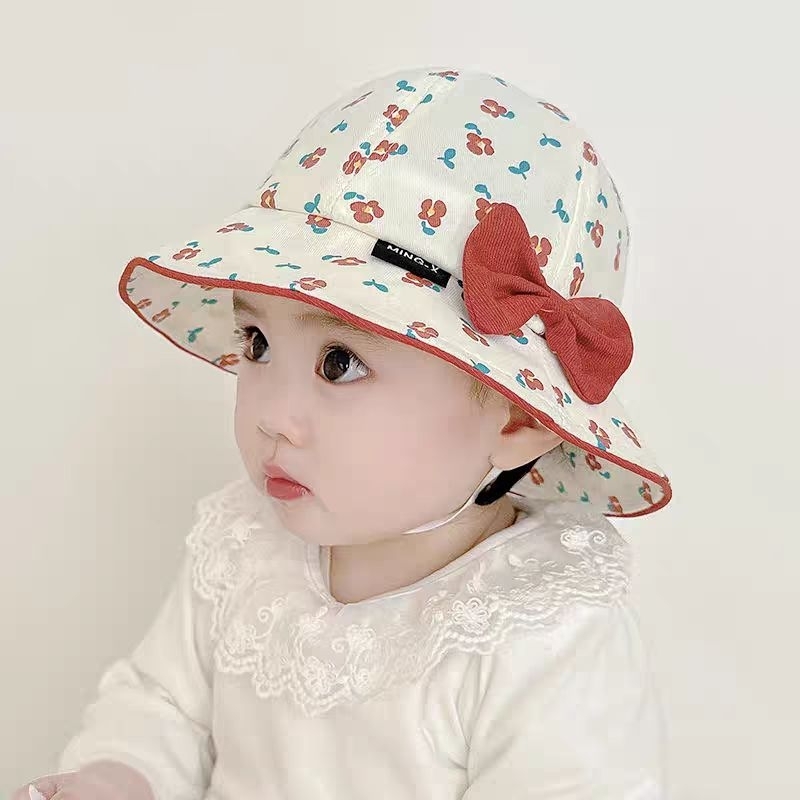 [พร้อมส่ง] หมวกเด็ก 4เดือน-2ปี รอบหัว:46-48 cm. หมวกปีกรอบผ้าลายดอกไม้ ด้านข้างแต่งโบว์ หมวกเด็กผู้หญิง หมวกแฟชั่นเด็ก