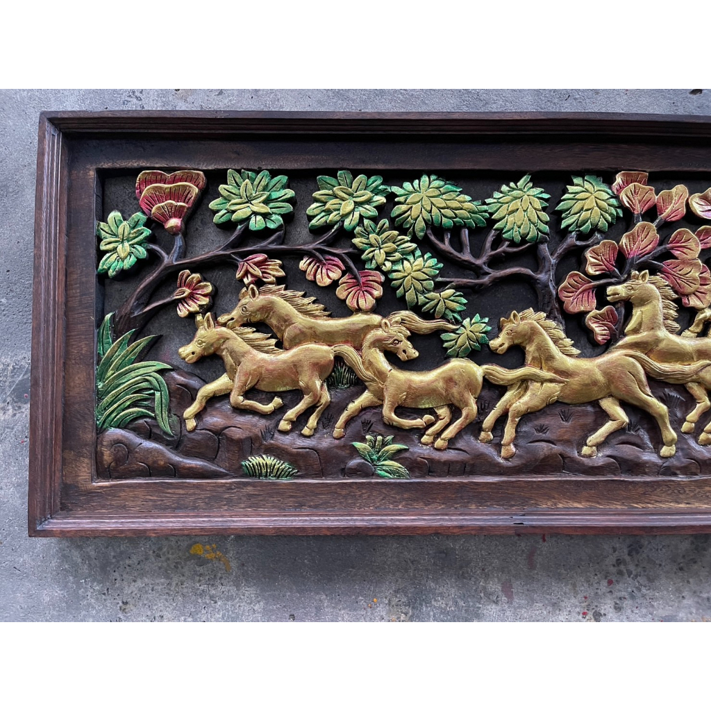 กรอบรูปไม้แกะสลัก ฝูงม้าวิ่ง ไม้จามจุรี 38x100 cm หนา ½ นิ้ว ม้า 8เซียน  ม้ามงคล  งานไม้ แกะสลัก ตกแต่ง ผนัง - รูปที่ 6