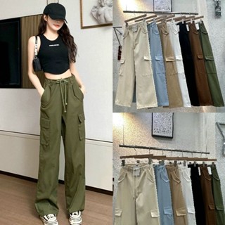 LADY_JEANS#8535(ใส่โค้ด 𝐌𝐈𝐃𝐍𝐈𝐆𝐇𝐓𝟗𝟏𝟓 ลด 50%)กางเกงแฟชั่นเอวสูง เชือกผูก ทรงคาร์โก้ แนวY2K ขากระบอก พร้อมส่ง สีขาว สีด