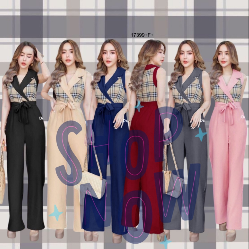 MF17399  Jumpsuit จั้มสูทขายาว แขนกุด คอปก อกแต่งลาย BBR ทรงเชือกผูกเอว งานสุดหรู ทรงเข้ารูปสวย