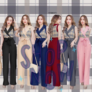 MF17399  Jumpsuit จั้มสูทขายาว แขนกุด คอปก อกแต่งลาย BBR ทรงเชือกผูกเอว งานสุดหรู ทรงเข้ารูปสวย งานน่ารักๆดีไซน์เก๋ คอล​